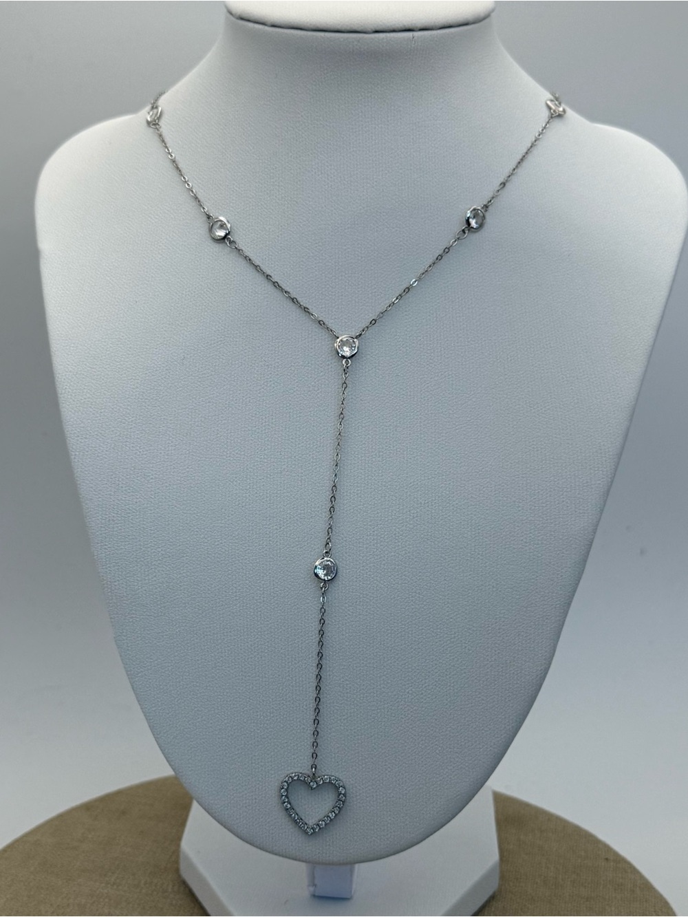 Sterling Silver Heart Drop Y Necklace with Clear Crystals